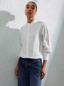 SHEIN Privé Chemise lin manche longue col montant avec volant effet patchwork floral 3D style villégiature