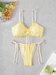 Swim Mod 女士浪漫度假可爱褶皱亮黄色罗纹面料比基尼泳装套装，适合夏季海滩 - 黃色 - 查看 1