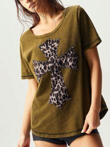 Bohemela BOHO Hippie  Solid Color Knit Round Neck Short Sleeve Loose Washed Women T-Shirt - Mocha Brown - View 3