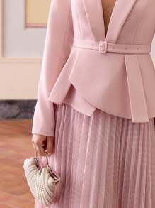 ZEYLAH Women's Elegant Long Sleeve Pleated Hem Blazer Dress - Pink - View 2