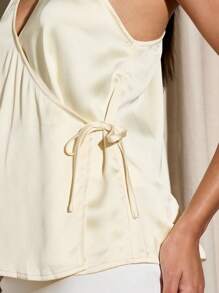 AiiRZ Camisola de satén de lujo con detalle anudado lateral, escote en V sin mangas, para eventos, cócteles, bodas, verano, vacaciones, uso elegante