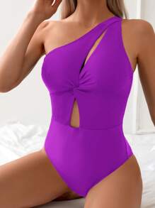Oceva Women Solid Color Twist Hollow Out One-Piece Swimsuit, For Summer Beach Vacation - Purple - View 5