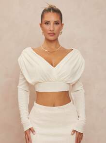 Lumalex 肩垫交叉褶皱长袖女式 T 恤，简约时尚休闲日常穿着 - 白色 - 查看 4