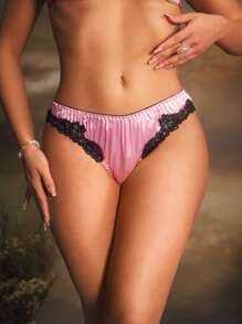 Women's Retro Palace Satin Lace Patchwork Triangle Panties - Pink - View 5