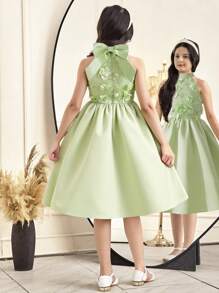 SHEIN Váy midi đính hoa cổ bẻ không tay thanh lịch cho bé gái tuổi teen - Màu xanh Bạc hà - Xem 1