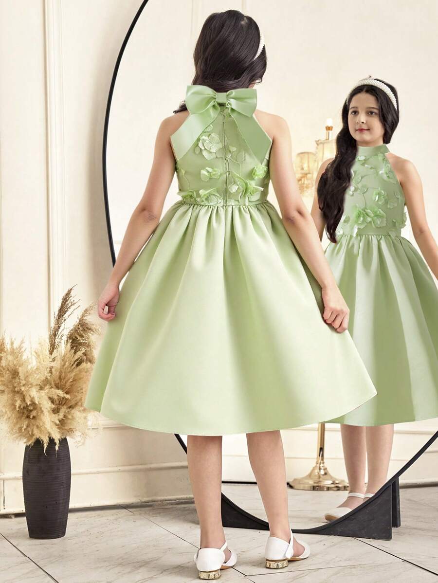 SHEIN Váy midi đính hoa cổ bẻ không tay thanh lịch cho bé gái tuổi teen - Màu xanh Bạc hà - Xem 1