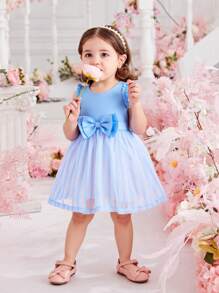 Glamorique Kids Spring/Summer Azure Blue Ruffle Trim Striped Organza Midi Dress - Baby Blue - View 1