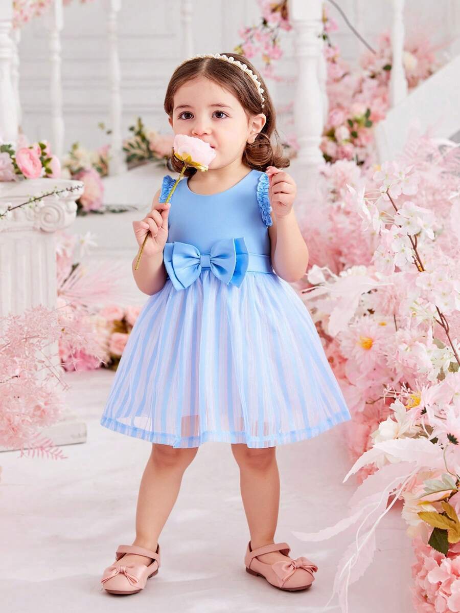 Glamorique Kids Spring/Summer Azure Blue Ruffle Trim Striped Organza Midi Dress - Baby Blue - View 1