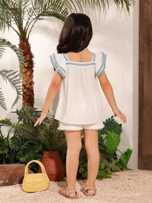 SHEIN Chemise mignonne à col carré et manches courtes avec imprimé floral pour jeunes filles, convient pour l'école, les sorties et les vacances