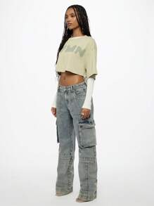 SUMWON WOMEN 图案双层短款 T 恤，长袖分层休闲家居服运动休闲超大街头风格 - 彩色 - 查看 4