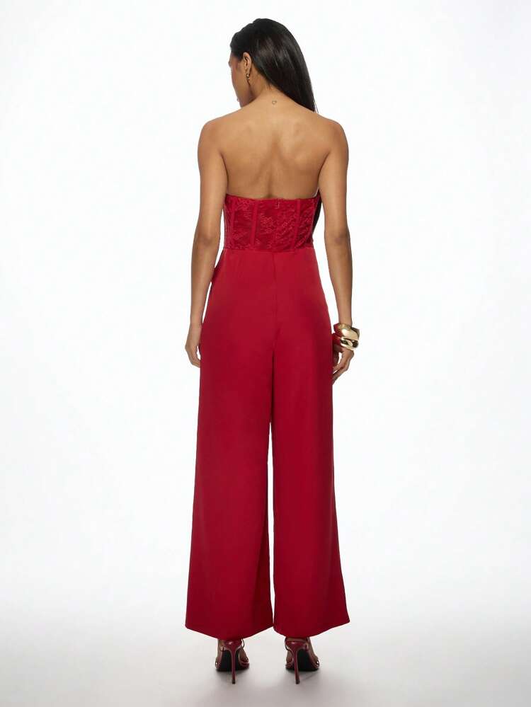 MISSGUIDED Combinaison élégante à corset en dentelle sans bretelle, à jambes larges, pour soirée, mariage, invité, tenue de cérémonie, palazzo, occasion spéciale, vacances, Nouvel An, pièce