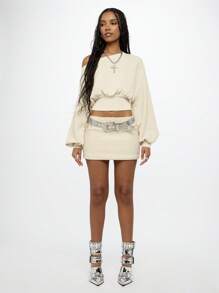 SUMWON WOMEN Off Shoulder Slouchy Cropped Sweatshirt Loungewear Baggy Balloon Sleeve Winter Fall Fashion Cozy Modern Athleisure Wear Graduation,Back To School Outfits,Graduation,Teacher Outfits For Women,Back To School - Khaki - View 3