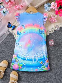 SHEIN Váy áo thun in họa tiết công chúa tuyết băng giá dễ thương cho bé gái màu xanh giản dị, thích hợp cho các buổi đi chơi - Nhiều màu - Xem 2