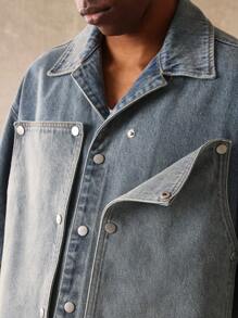 SUMWON Oversized Carpenter Short Sleeve Denim Shirt Designer Jacket With Metal Snap Buttons Streetwear Workwear Fashion Urban Casual Spring Summer - Blue - View 5