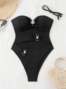 SHEIN Swim Traje de baño de una pieza de verano para mujer, con diseño hueco y de unicolor sexy - Negro - Ver 6