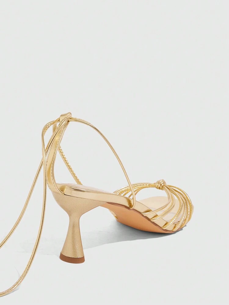 CUCCOO SZL Women's Strap Tie-Up Square Toe Stilettos 7cm Gold High Heels, Sexy Party Style Sandals Spring Shoes Spring Break Easter Prom Heels For Christmas Spring Shoes Prom Heels