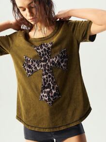 Bohemela BOHO Hippie  Solid Color Knit Round Neck Short Sleeve Loose Washed Women T-Shirt - Mocha Brown - View 2