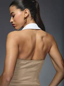 MISSGUIDED Tailored Mini Blazer Dress Double-Breasted Button Front Collared Halter Sleeveless Office Party Professional Wrap Dress - Khaki - View 5