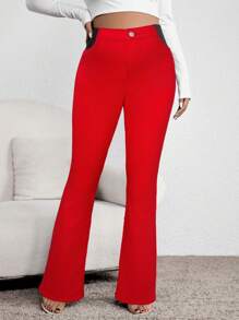 SHEIN Maternity Contrast Color Block High Waist Flare Jeans Pants For Women - Red - View 5