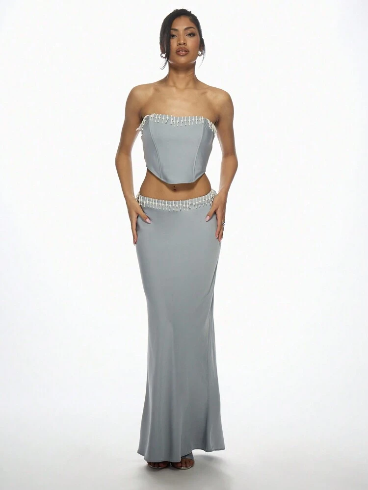 MISSGUIDED Sleeveless Corset Top And Maxi Skirt Set With Beaded Trim Elegant Evening Party Wedding Guest Co-Ord Formal Special Occasion Two-Piece Outfit