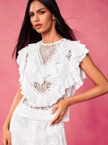 VERO DIAZ Blusa elegante con volantes de encaje y gasa blanca en estilo bohemio y de diseñador para primavera y verano, ideal para vacaciones, crucero, salir, festival, Ibiza
