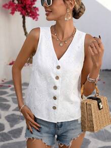 SHEIN Clasi Women's Hollow Texture Jacquard Linen Look Sleeveless Blouse, Elegant For Spring/Summer Vacation - White - View 1