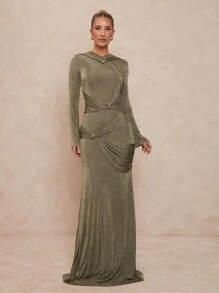 Lumalex فستان نسائي ضيق، رقبة طواقم، مزين بالمعدن، أكمام واسعة مجعدة