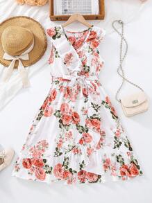 Tween Girls Beach Vacation Floral All-Over Print Ruffled Hem Wrap Dress - Multicolor - View 1