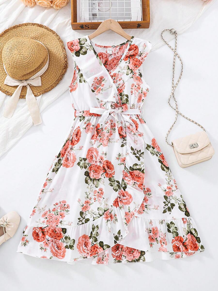 Tween Girls Beach Vacation Floral All-Over Print Ruffled Hem Wrap Dress - Multicolor - View 1