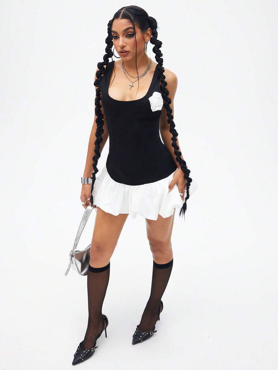 SHEIN ICON 街头风格女士牛仔紧身泡泡袖连衣裙 - 黑與白 - 查看 1