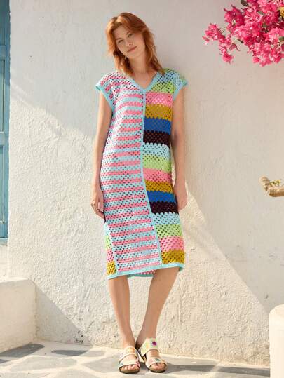 Skyraze Colorful Striped Casual Vacation Bohemian Style Women Knit Dress, Suitable For Beach Party
