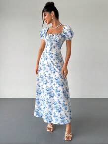 Firerie Women's White Floral Square Collar Puff Sleeve Front Tie Dress,Elegant Romantic Summer Bohemian For Garden Party Vacation,Wedding,Gala - Blue and White - View 5