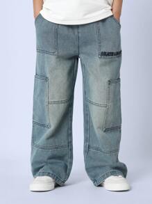 SUMWON Skateboard Champion Cargo Denim Jeans Wide Leg Relaxed Fit Streetwear Baggy Pants With Multiple Pockets Teen Urban Fashion Pants Fall Winter - Blue - View 3