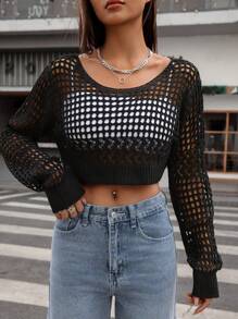 SHEIN Unity Sexy Hollow Out Loose Long Sleeve Women Sweater Knit Pullover Fall Winter - Black - View 4
