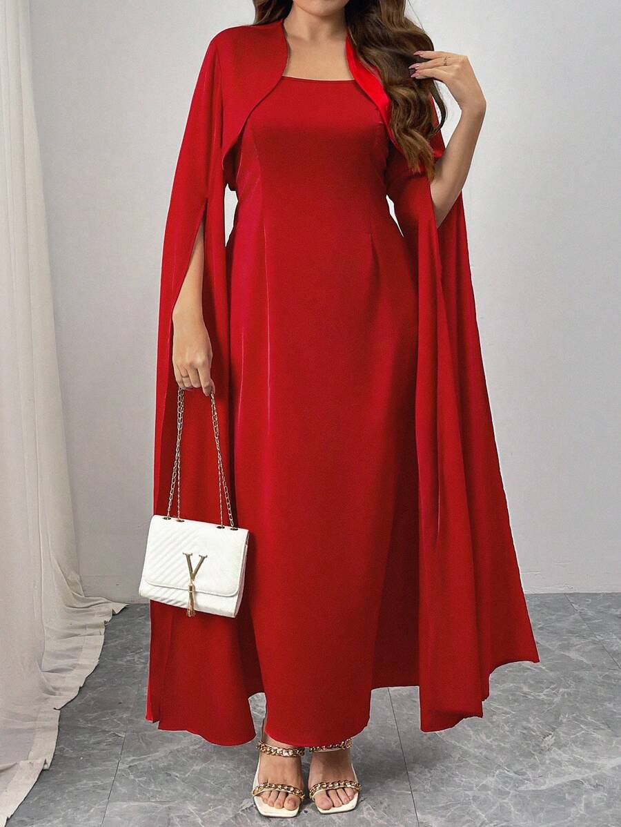 Flirla 大码优雅纯色长款晚礼服两件套，高端披肩长袖夹克和及地抹胸连衣裙