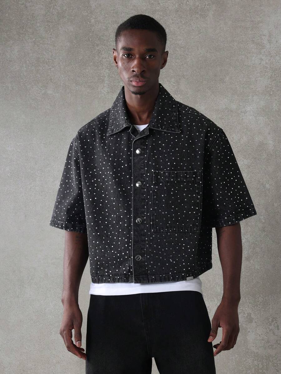 SUMWON Sparkle Denim Button-Down Shirt Short Sleeve Polka Dot Pattern Cropped Jacket Streetwear Casual Festival Summer Spring Fashion - Black - View 1