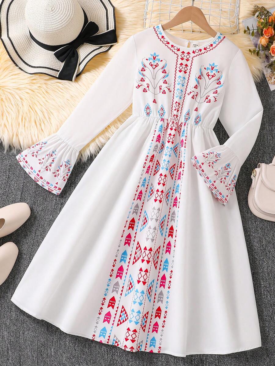 SHEIN Tween Girls' Resort Casual Geometric Print Flared Sleeve Dress,Holiday,Summer,Travel