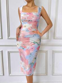 SHEIN Privé Váy midi mùa hè xếp ly dệt kim in hoa màu nước cho nữ dáng ôm vừa vặn có xẻ tà, thanh lịch cho ngày lễ và mặc hàng ngày - Nhiều màu - Xem 2