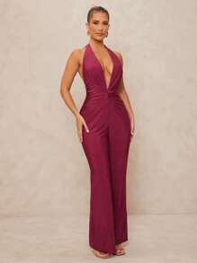 Lumalex Spring Outing Summer Swimsuit Swimwear Swim Old Money Vacation Bohemian BOHO Sea Beach Hot Outdoor Wedding Season Banquet Coming Of Age Ceremony Seaside Deep V-Neck Backless Ruched Waist Women's Jumpsuit - Red Violet - View 6