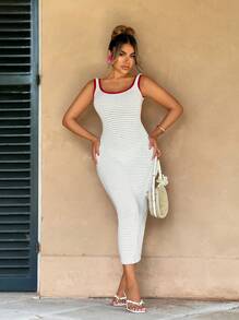 Zolique Hot Girl Low Back Tie-Up Color Block Dress, Hollow Out Knit Bodycon Dress - White - View 3