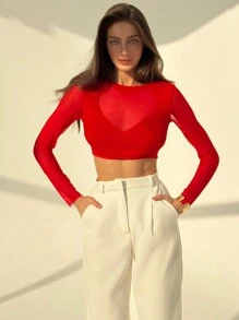 Aloruh Women's Sexy Sheer Heart Mesh Patchwork Cropped T-Shirt - Red - View 5