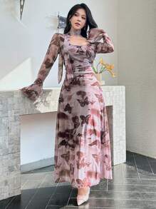 Modelyn Women's Maxi Mesh Tie-Dye Butterfly Print Romantic Elegant Bell Sleeve Fish Tail Dress, Spring/Summer