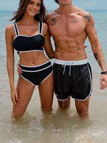 SHEIN Swim Women's Minimalist Casual Contrast Binding Bikini Swimwear Set, For Summer Beach Vacation, Couple Matching - Black and White - View 6