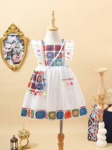 SHEIN Conjunto de vestido mini y bolso de niña con adornos florales coloridos y flecos de estilo crochet falso