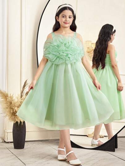 SHEIN Vestido sin mangas para niñas preadolescentes con elegante superposición, volantes y ribete de contraste