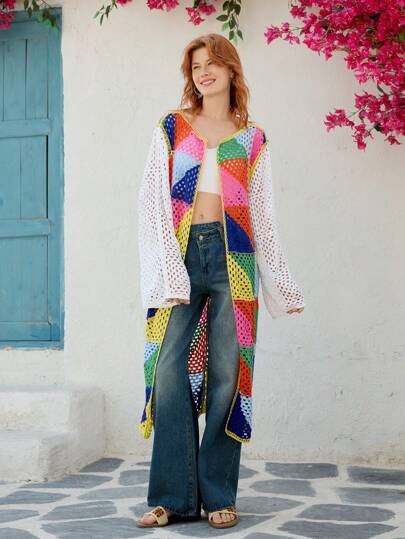 Skyraze Multi-Color Patchwork Casual Long Cardigan Sweater Coat For Women,Hand-Crocheted,Geometric Pattern