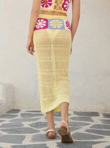 Skyraze 女士黄色镂空针织长裙，度假针织裙，沙滩裙 - 黃色 - 查看 3