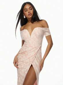 MISSGUIDED Plunge Neck Off-Shoulder Ruched Evening Gown With Side Slit Special Occasion Maxi Dress Prom Wedding Guest Floor Length Formal Dress With Short Sleeves - Baby Pink - View 4