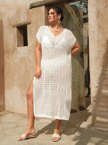 SHEIN Swim Curve Plus Size Vrouwen Witte Lange Mouw Uitgeholde Gebreide Zomer Strand Vakantie Cover Up Jurk
