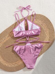 Swim EVENT 1 bộ đồ bơi liền thân hở lưng dây xích kim loại màu hồng Crisscross dành cho nữ, đi biển, lễ hội âm nhạc, tiệc mùa hè - Hồng - Xem 7